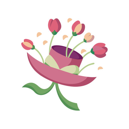 Floral Delight: Whimsical Arrangement of Pink Tulips in a Decorative Hat on Whiteのイラスト素材