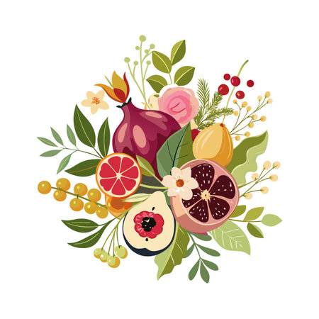 Vibrant Fruit and Floral Still Life Illustration on White Background for Design Projectsのイラスト素材