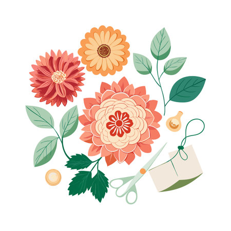 Flat lay arrangement of flowers, leaves and crafting tools on a white background.のイラスト素材