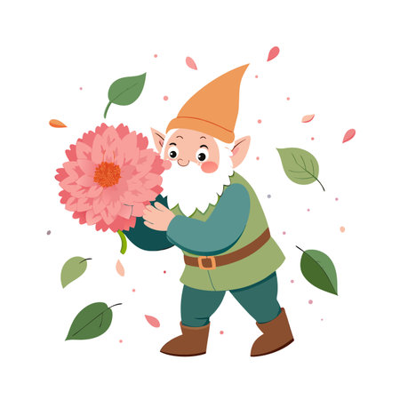 A cute gnome holding a large pink flower surrounded by floating leaves and petalsのイラスト素材
