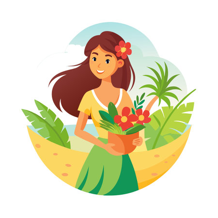 Cheerful Hawaiian Woman Holding Flowers on a Tropical Beach with Palm Treesのイラスト素材