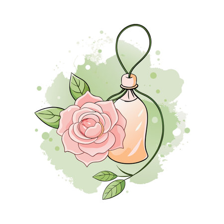 Delicate Rose and Perfume Bottle Illustration with Watercolor Accents on White Backgroundのイラスト素材