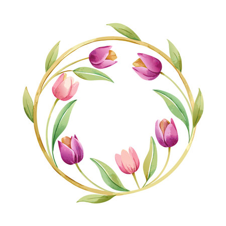 Watercolor floral wreath featuring tulip flowers, green leaves, and a golden circle frame on white backgroundのイラスト素材