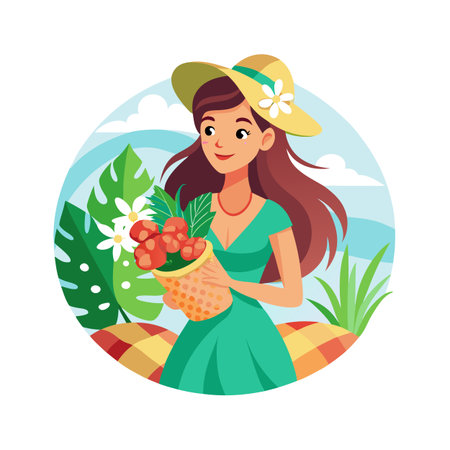 Smiling woman with straw hat holding fruit and flowers on summer day illustrationのイラスト素材