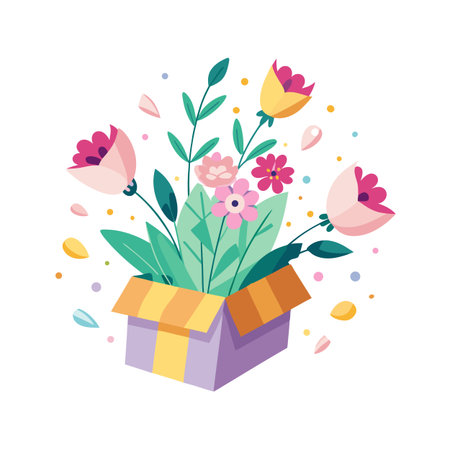 A vibrant illustration of colorful flowers bursting from a decorated gift box on white backgroundのイラスト素材