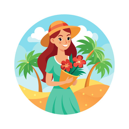 Cartoon woman in a hat on a beach carrying flowers, summer vacation conceptのイラスト素材