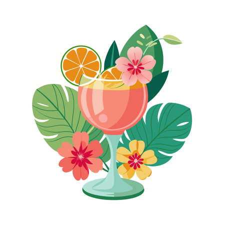 Tropical Cocktail Illustration with Flowers and Leaves on White Backgroundのイラスト素材