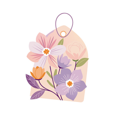 Floral gift tag illustration with elegant flowers and leaves in soft pastel tonesのイラスト素材