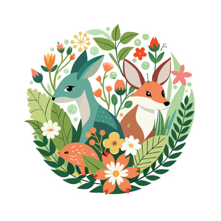 Cute Woodland Animals and Floral Circle Illustration for Childrens Designs and Creative Projectsのイラスト素材