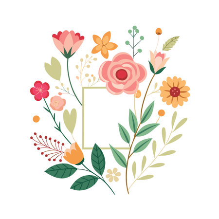 Floral Frame Design with Pastel Colors and Square Border on White Backgroundのイラスト素材