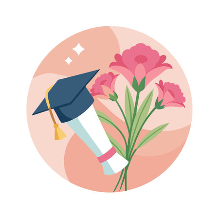 Graduation Celebration: Mortarboard, Diploma, and Flowers in a Minimalist, Flat Designのイラスト素材