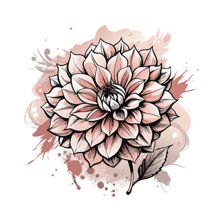 Elegant Dahlia Flower Illustration with Watercolor Splashes in Muted Rose and Gray Tonesのイラスト素材