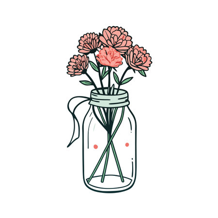 Floral Bouquet in Mason Jar: Pink Blossoms and Green Stems in a Decorative Glass Containerのイラスト素材