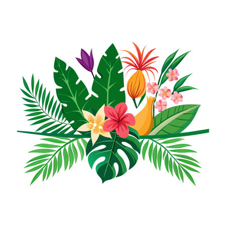 Tropical foliage and fruits composition in flat design on a white backgroundのイラスト素材