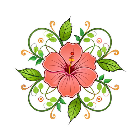 Elegant hibiscus flower with swirling vines and leaves on a clean white backgroundのイラスト素材