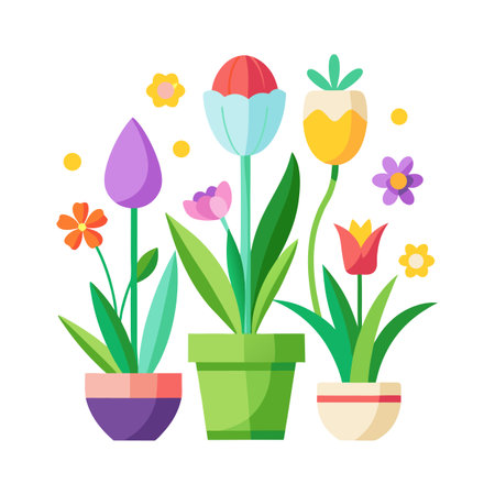 Stylized spring flower assortment in pots on a white background with polka dotsのイラスト素材