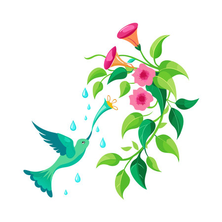 Stylized illustration of a hummingbird drinking nectar from flowers with leaves and water dropletsのイラスト素材