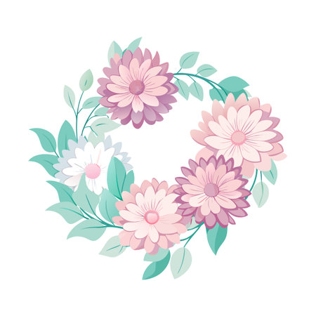 Pastel Floral Wreath Vector Illustration with Pink and White Flowers and Mint Green Leavesのイラスト素材