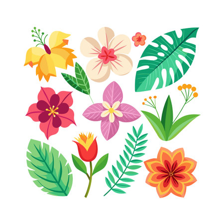 Colorful Tropical Flower and Leaf Arrangement on White Background for Summer Designsのイラスト素材