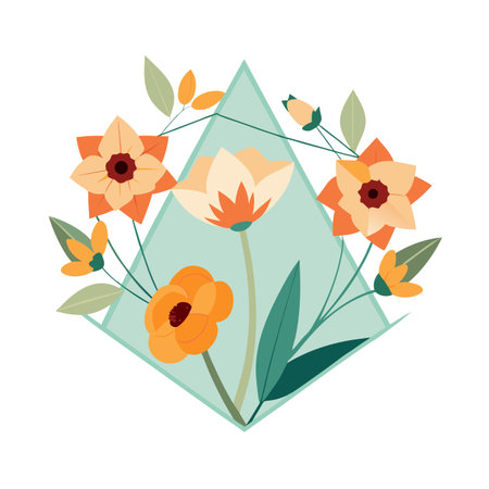 Geometric floral arrangement with ranunculus and tulips in a triangular frame on a white backgroundのイラスト素材