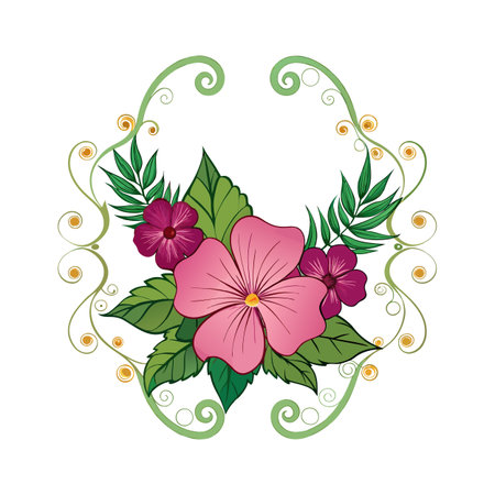 Elegant floral arrangement with pink flowers, green leaves, and decorative swirling frame element.のイラスト素材