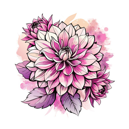 Elegant Dahlia Flower Arrangement with Watercolor Texture on a White Backgroundのイラスト素材