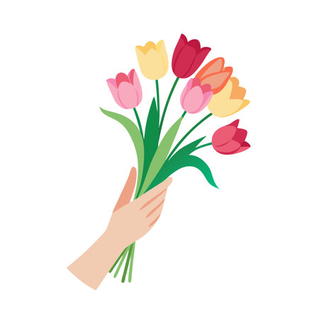 Hand holding a colorful bouquet of tulips on a white background illustrationのイラスト素材