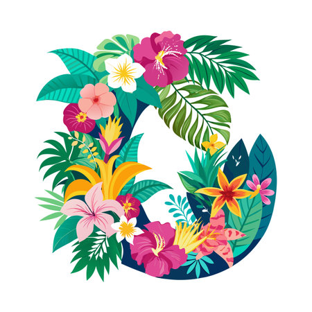 Tropical floral letter G illustration adorned with hibiscus flowers and palm leaves design.のイラスト素材
