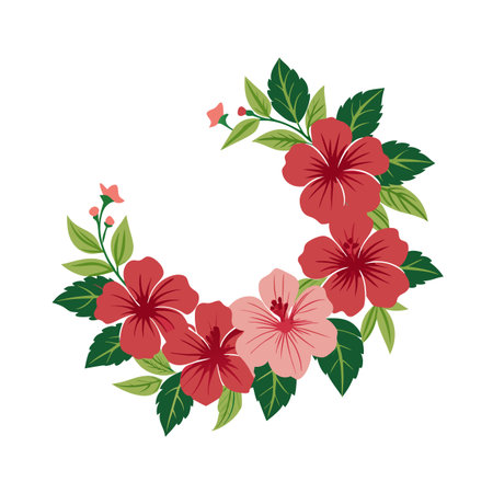 Floral wreath with hibiscus flowers and green leaves, tropical arrangement designのイラスト素材