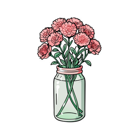 Pink Flowers in a Mason Jar: Illustration of Floral Arrangement on White Backgroundのイラスト素材