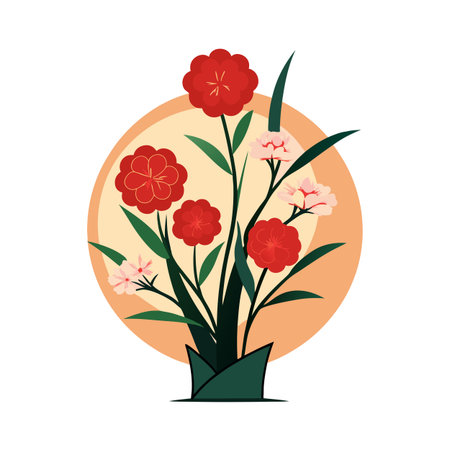 Stylized floral arrangement with red and pink flowers in a flat vector illustrationのイラスト素材