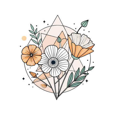 Elegant Floral Bouquet with Geometric Accents in Soft Pastel Tonesのイラスト素材