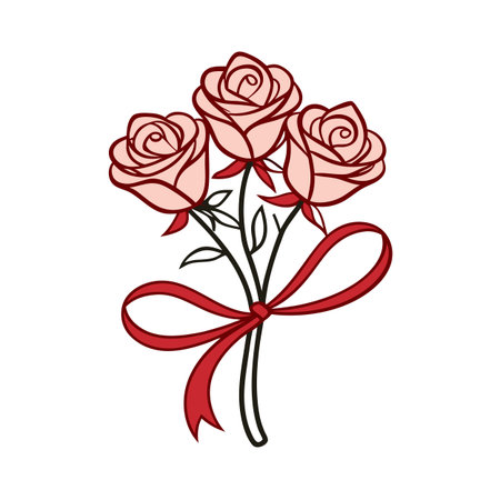 Elegant bouquet of three pink roses tied with a red ribbon for giftsのイラスト素材