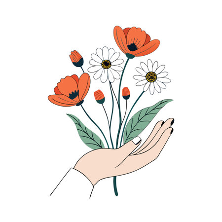 Hand holding vibrant floral bouquet illustration against a clean white backdropのイラスト素材