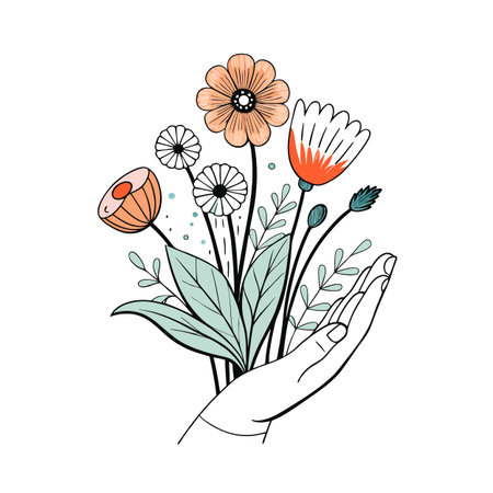 Hand holding delicate pastel flowers with black outline on a white background creating a simple floral illustrationのイラスト素材