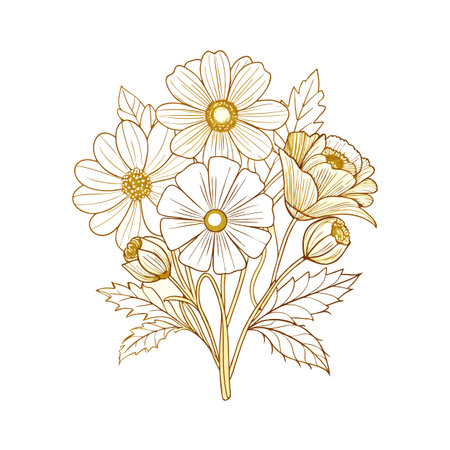 Elegant botanical illustration of chamomile and poppy flowers, featuring delicate outlines and minimalist compositionのイラスト素材