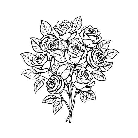 Elegant rose bouquet line art drawing for coloring books and floral designsのイラスト素材