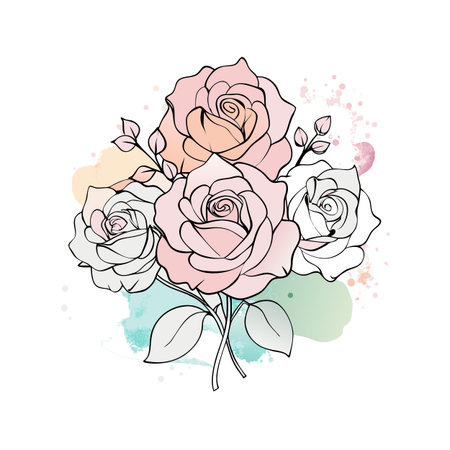 Elegant Rose Bouquet Illustration with Watercolor Accents for Wedding and Greeting Cardsのイラスト素材