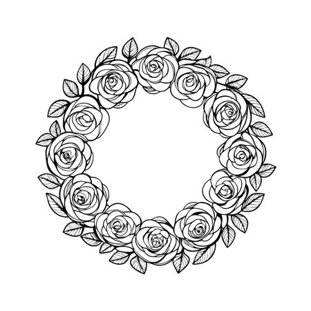 Elegant Rose Wreath: Black and White Floral Frame for Decorative Design Projectsのイラスト素材