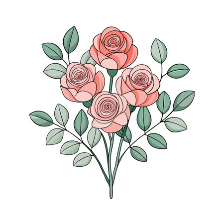 Four pink roses illustration with green leaves against a white background stock imageのイラスト素材
