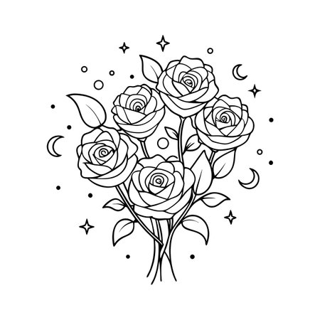 Line Art Bouquet of Roses with Celestial Elements for Tattoo Designのイラスト素材