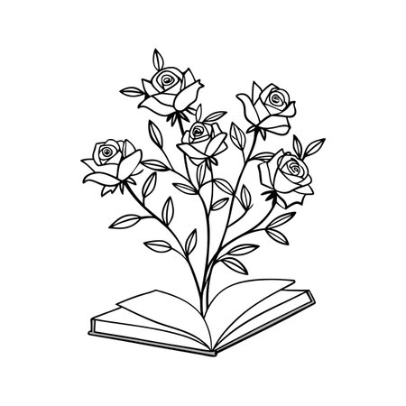 Rose Bouquet Growing from Open Book: Black and White Line Art Illustrationのイラスト素材