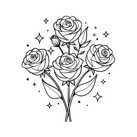 Elegant line art bouquet of roses with stars and dots decoration on whiteのイラスト素材