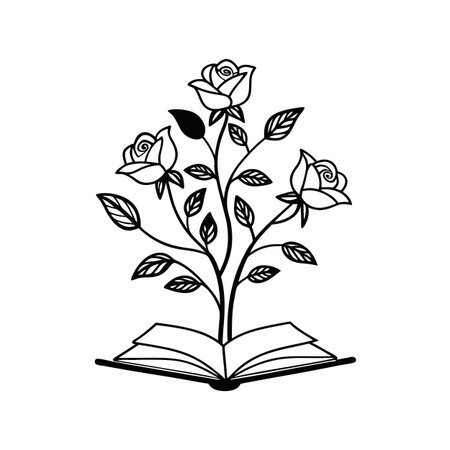 Line art illustration of roses growing from an open book, symbolizing knowledge and growthのイラスト素材