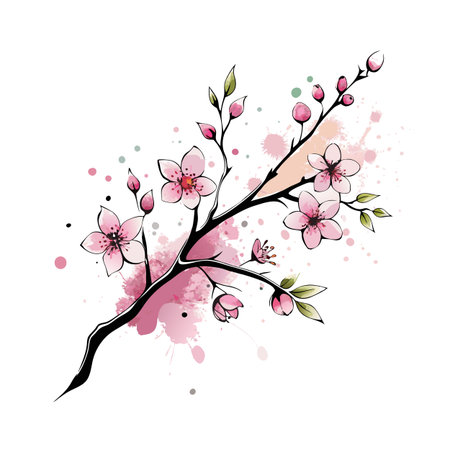 Elegant cherry blossom branch with pink watercolor splashes on a white background, minimalist styleのイラスト素材