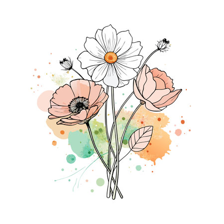Elegant floral bouquet with daisy and poppies in a watercolor splash style illustrationのイラスト素材