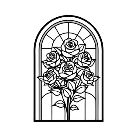 Elegant black and white rose bouquet inside an arched window, stylish graphic designのイラスト素材