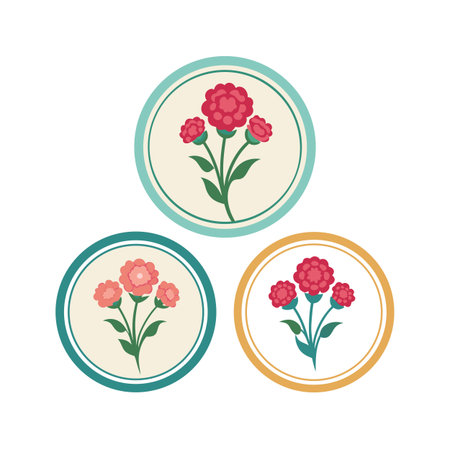 Three floral designs in circles with simple red flowers and green stems and leavesのイラスト素材
