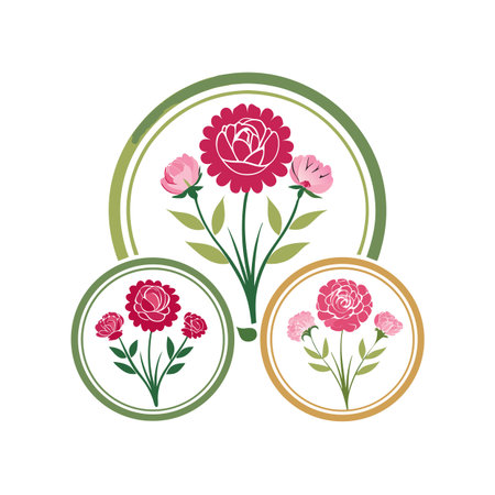 Vector floral design featuring blooming roses in three circular arrangements on white backdropのイラスト素材