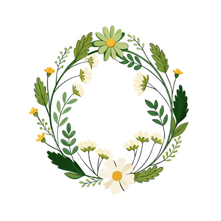 Floral Wreath with Daisies and Greenery for Invitations or Spring Designsのイラスト素材